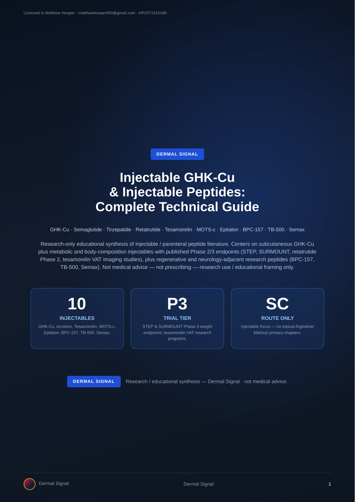 Cover of Injectable GHK-Cu & Injectable Peptides: Complete Technical Guide by Dermal Signal